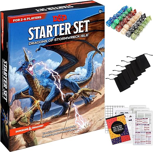 Dungeons and Dragons Starter Set - Dragons of Stormwreck Isle - Extra 6 Dice Sets, Flannel Bags, Master Screen, Figures, New Heroes